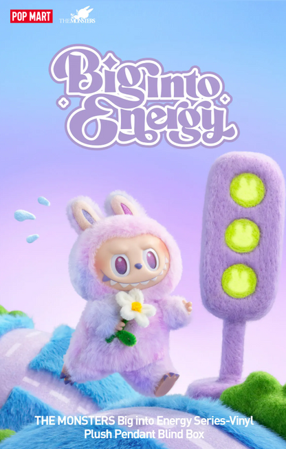 POP MART THE MONSTERS Energy Series vinyl plush pendant blind box with purple fuzzy character holding flower