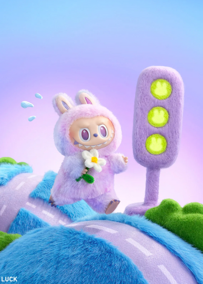 POP MART THE MONSTERS Energy Series plush figure wearing a purple bunny costume holding a white flower