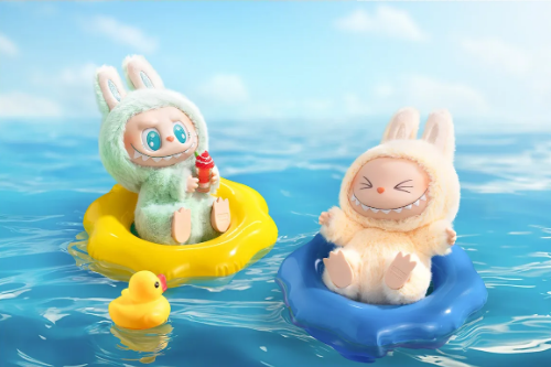 POP MART cute bunny figures floating on yellow and blue inflatable rings in water authentic blind box collectibles Canada