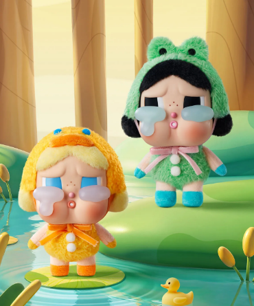 POP MART authentic blind box collectibles Canada featuring two cute plush characters in colorful animal costumes by the pond