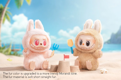 POP MART authentic blind box collectibles Canada featuring two adorable bunny-fur figures playing on a beach sandcastle
