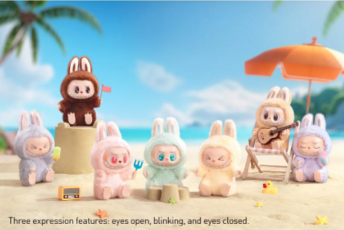 POP MART authentic blind box collectibles Canada featuring cute bunny figures in pastel colors on a beach setting