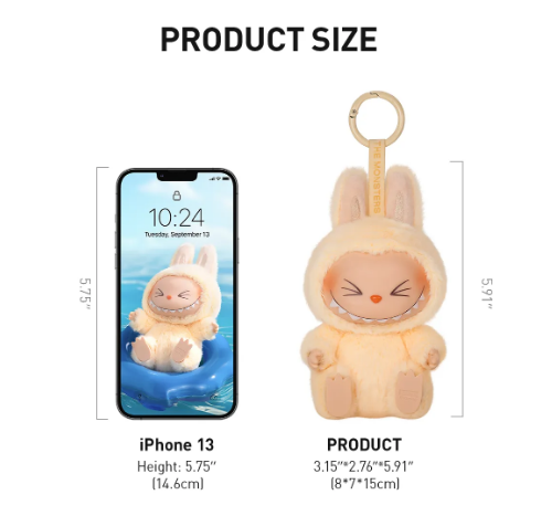 POP MART authentic blind box collectibles Canada bunny keychain plush next to iPhone 13 for size comparison