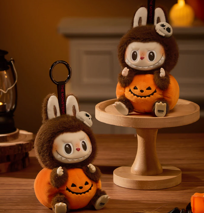 POP MART Authentic Labubu collectibles Halloween pumpkin costume plush figures with keychain and display stand