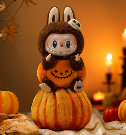 POP MART Authentic Labubu collectibles Halloween figure dressed in a brown bunny costume sitting on a pumpkin