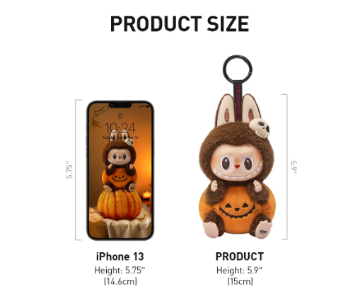 Size comparison of Authentic Labubu collectibles keychain with iPhone 13 showing 5.9 inch height