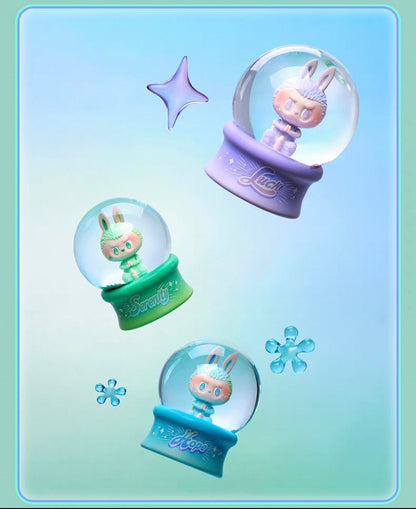 POP MART Labubu crystal ball preorder featuring three colorful bunny figurines inside decorative snow globes