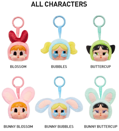 POP MART vinyl Powerpuff Girls plush keychain set featuring Blossom Bubbles Buttercup and bunny versions