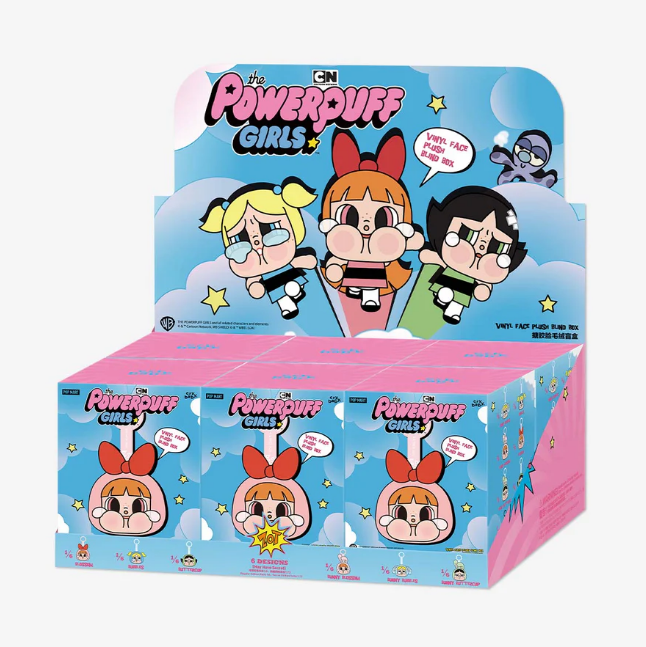 POP MART vinyl Powerpuff Girls plush display box featuring Blossom, Bubbles, and Buttercup designs