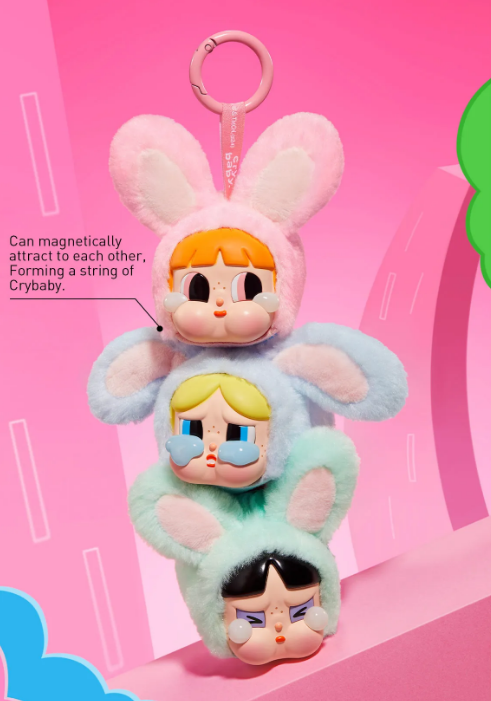 POP MART vinyl Powerpuff Girls plush keychain set with characters wearing bunny costumes and magnetic attraction