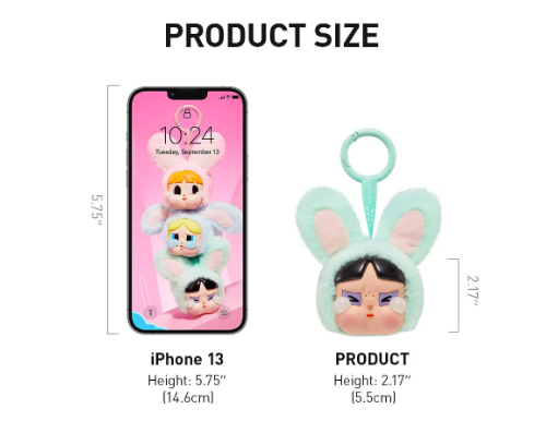 POP MART vinyl Powerpuff Girls plush keychain in bunny costume next to iPhone 13 for size comparison