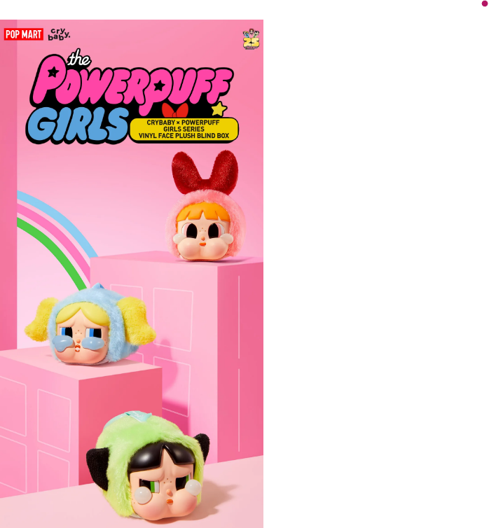 POP MART vinyl Powerpuff Girls plush set featuring Blossom, Bubbles, and Buttercup in cute face plush style