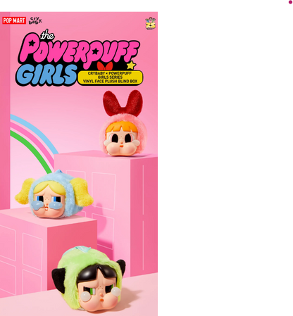 POP MART vinyl Powerpuff Girls plush set featuring Blossom, Bubbles, and Buttercup in cute face plush style