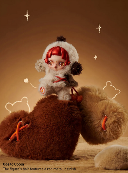 POP MART Skullpanda Winter Symphony plush figure with red metallic hair wearing a fluffy winter outfit