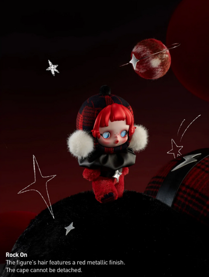 Skullpanda Winter Symphony plush with red hair and cozy winter outfit by POP MART against dark background