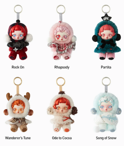 POP MART Skullpanda Winter Symphony plush keychains in six designs including Rock On, Rhapsody, Partita, Wanderer's Tune, Ode to Cocoa, and Song of Snow