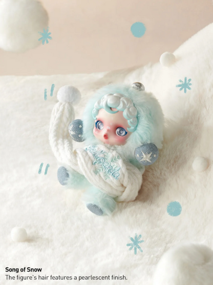 POP MART Skullpanda Winter Symphony plush in a cozy white winter outfit with blue accents and pearl details