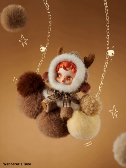 POP MART Skullpanda Winter Symphony plush with brown fur, cozy hood, and adorable antlers on a swing